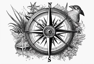 Pirate compass covered in starfish and marlin tattoo idea