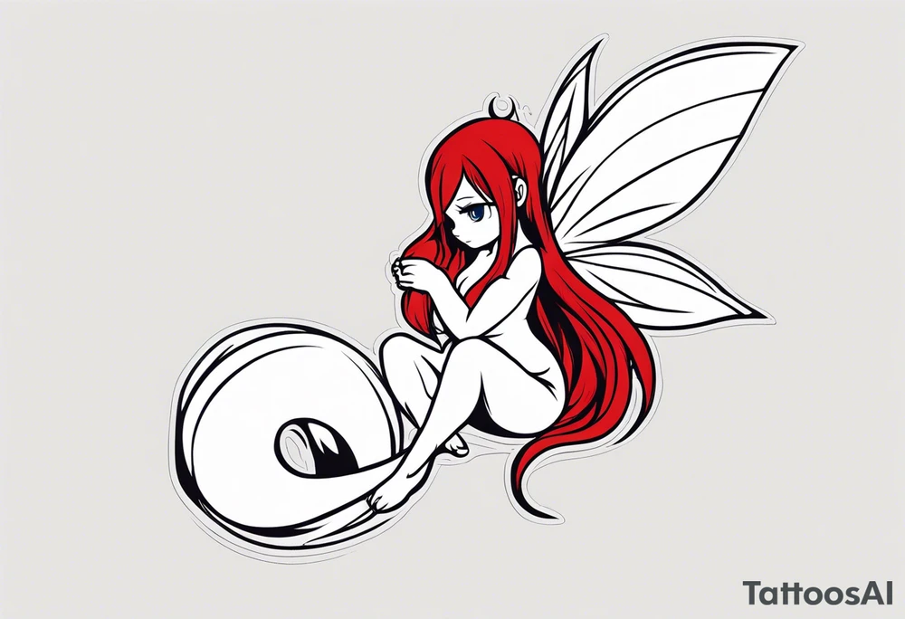 A fairy with a tail inspired by the logo of the show called Fairy Tail in a fetal position leaning in tattoo idea