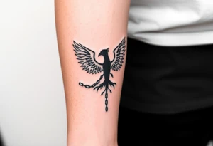 Design a minimalist tattoo: a phoenix or tree breaking chains, symbolizing freedom from addiction and rebirth. Include dates 21.02 and 22.02 subtly. Emphasize self-love, dignity, and inner strength. tattoo idea