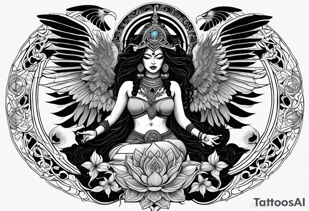 black kali, goddess pirate, alien, angel, pachamama, valkrye, warrior, flying, skull, lotus azul, wing, eagle, zenza resonance, stars, 5D, anahata chakra, death, durga, riding on a tiger, flying lady, kundalini, chest tatoo, rebel tattoo idea