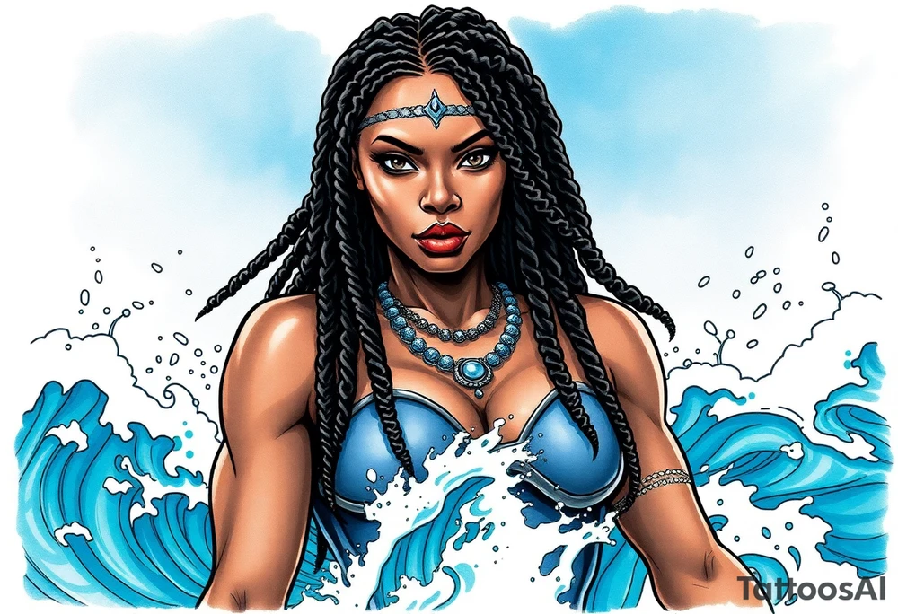 Create a comic book cover for a black female superhero named “Aqua Raven” have her standing in waves in the ocean with powers above her 
Show her with dreadlocs tattoo idea