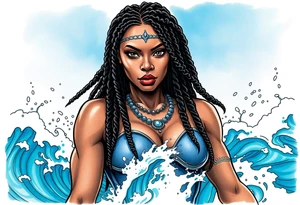 Create a comic book cover for a black female superhero named “Aqua Raven” have her standing in waves in the ocean with powers above her 
Show her with dreadlocs tattoo idea