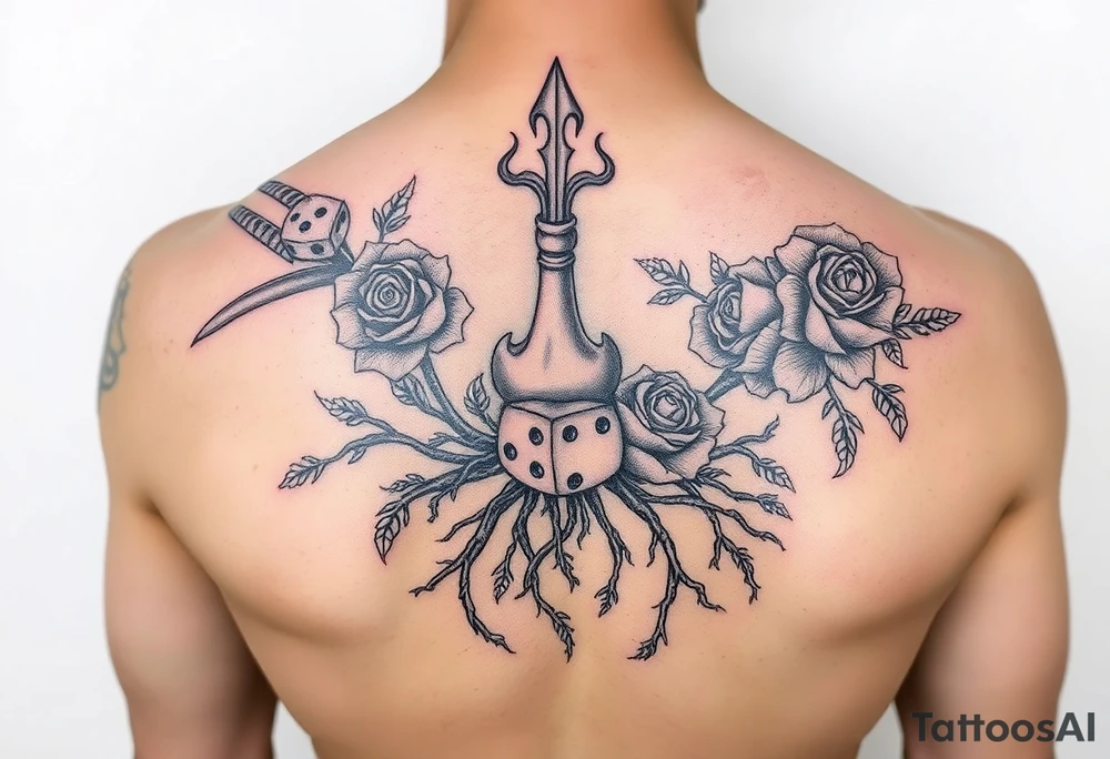 Gods hand, squid, knight with roses and tree roots rolling dice tattoo idea