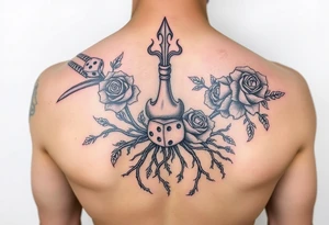 Gods hand, squid, knight with roses and tree roots rolling dice tattoo idea