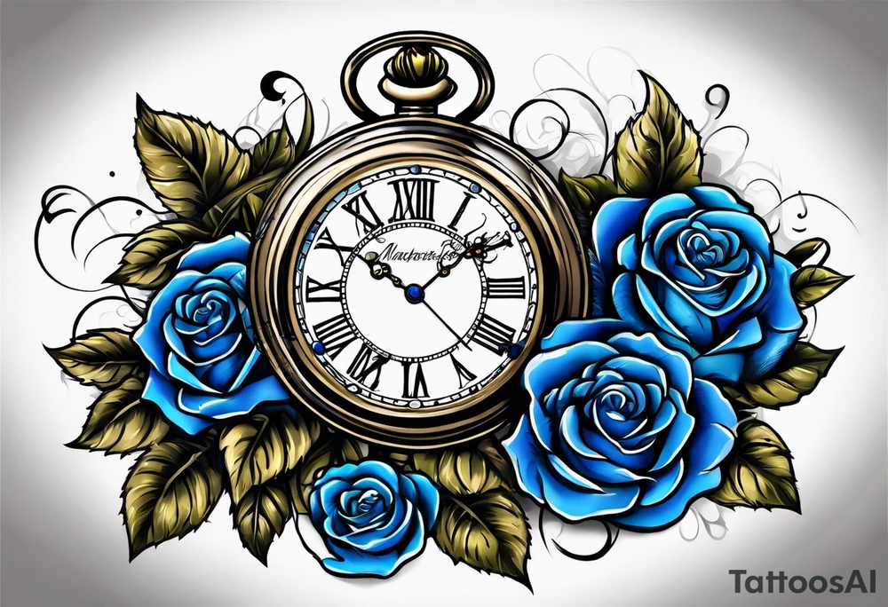 Pocket watch with blue roses tattoo idea