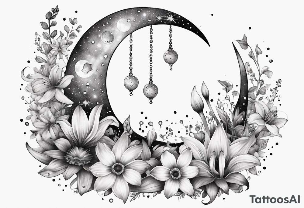 Crescent moon with daisy's, lily’s, crystals, and mushrooms tattoo idea