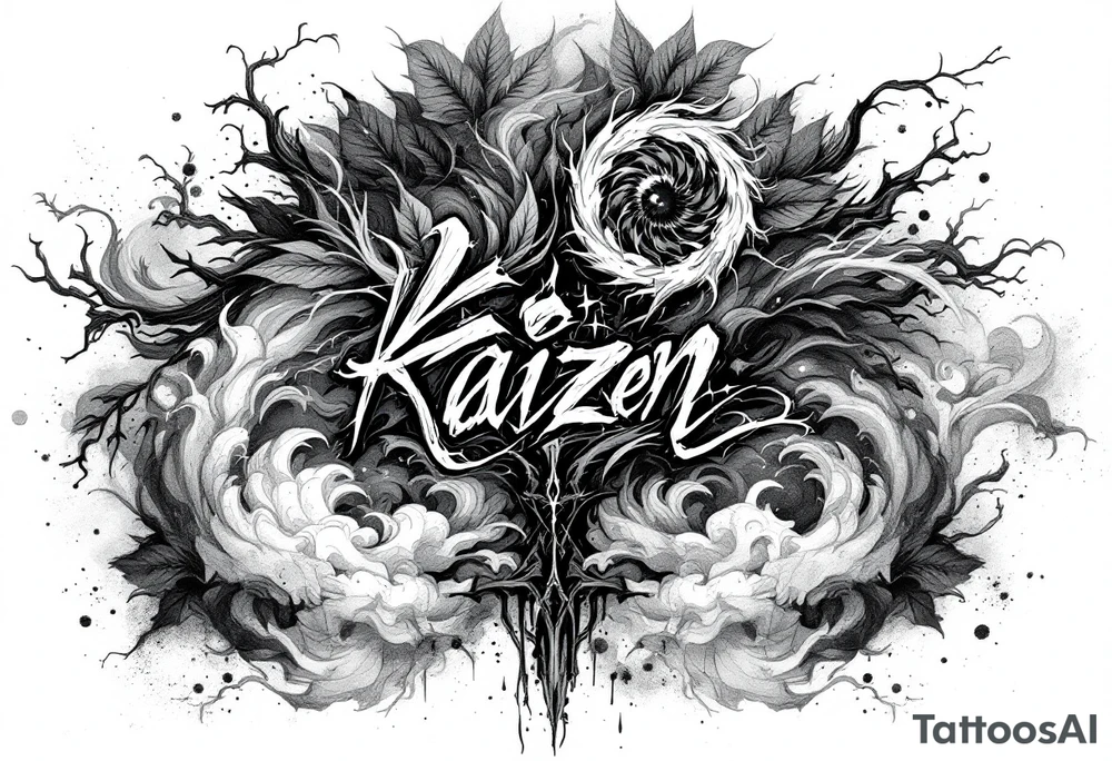 Chest tattoo with the word and drawing Kaizen tattoo idea