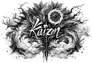 Chest tattoo with the word and drawing Kaizen tattoo idea