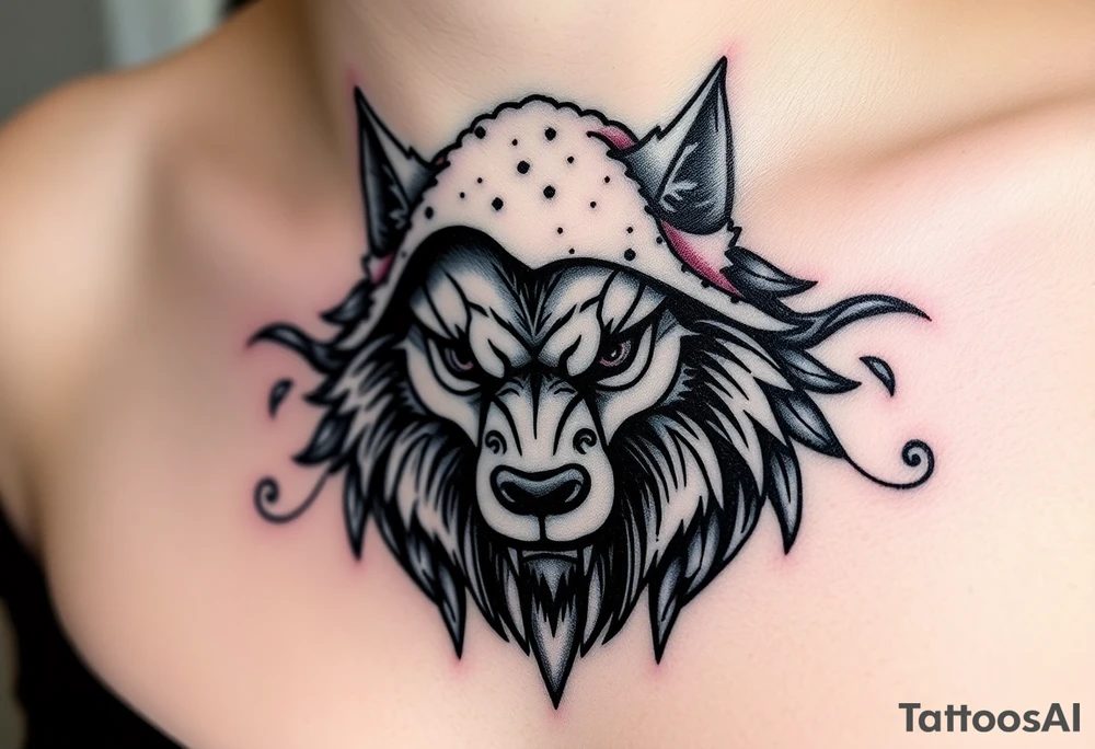 Big bad wolf nursery rhyme wearing a sheep costume with sheep head hood to kill and eat the three little pigs and little red riding hood tattoo idea