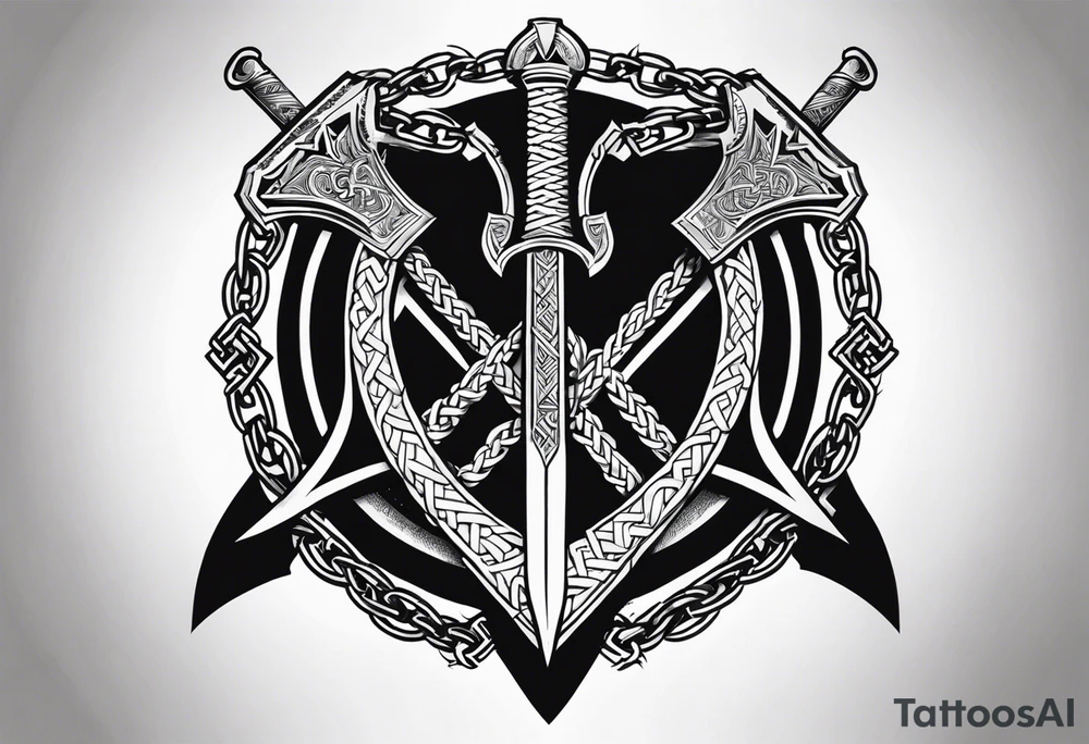 Valhalla sword shield axe Valknut chains tattoo idea