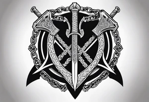 Valhalla sword shield axe Valknut chains tattoo idea