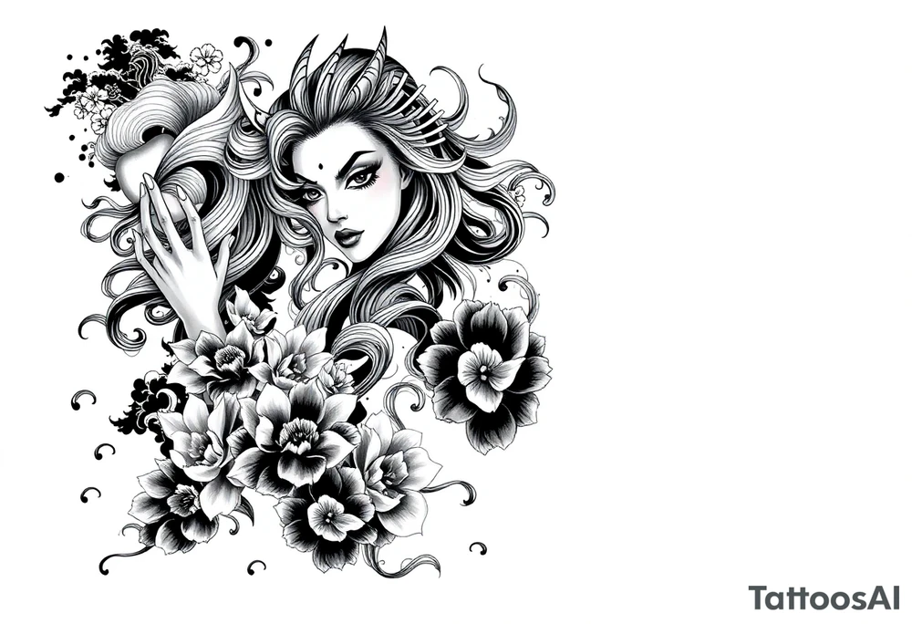 Full sleeve tattoo design for a male arm, wrapping from shoulder to wrist.  featuring a beautiful female oni (demon woman) with an elegant, mysterious expression, one hand partially covering her face, long flowing hair integrated into bold wind bars and wave patterns, large chrysanthemums and peonies weaving through the composition. Strong negative space with large black fills, bold flowing shapes, and smooth grey shading. Traditional Japanese cloud and water motifs in the background, balanced composition with the oni face as the main focal point on the upper arm, seamless flow down the arm to the wrist. High contrast black and grey, crisp linework, dynamic and dramatic. tattoo idea