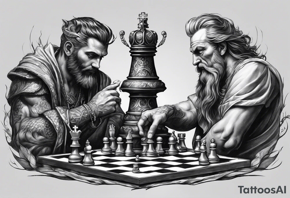 god and demon hands playing chess tattoo idea