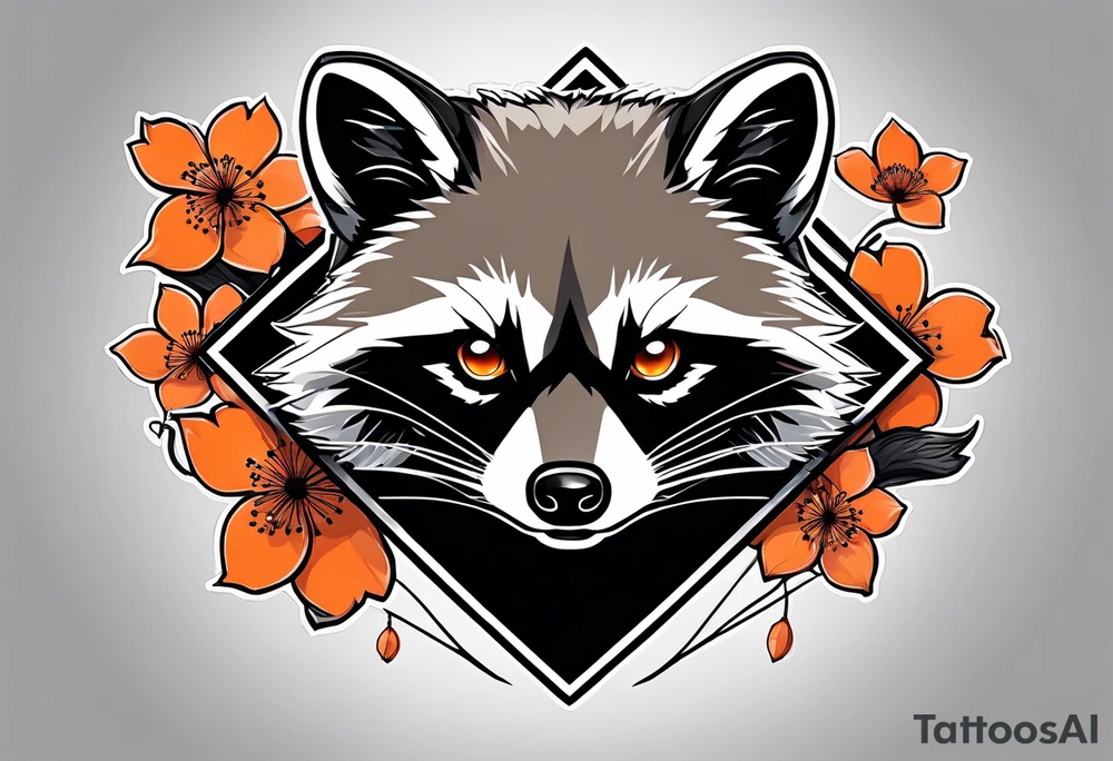 Raccoon wearing a white Superman logo on a black hoodie and orange Japanese cherry blossoms beside tattoo idea