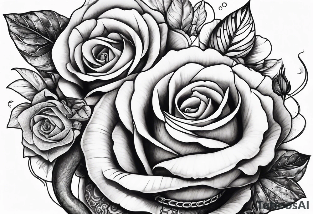 snake wrapped around my arm with one money flower and one rose flower tattoo idea
