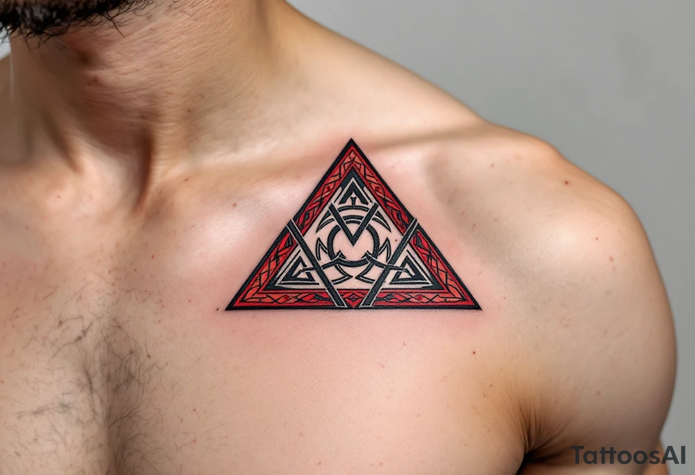 A bold tribal-style triquetra, filled with deep red and black patterns, creating a powerful and dynamic effect. tattoo idea