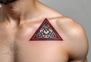 A bold tribal-style triquetra, filled with deep red and black patterns, creating a powerful and dynamic effect. tattoo idea