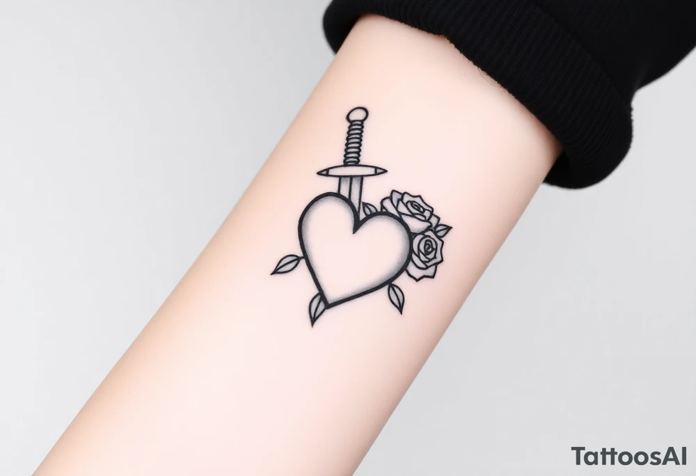 dagger piercing a heart with roses tattoo idea