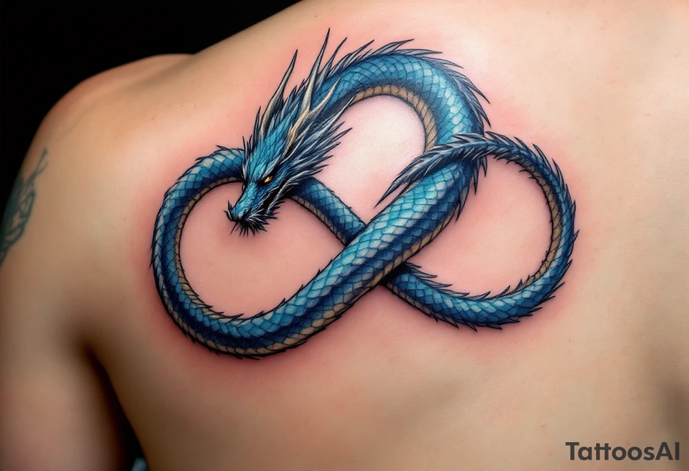 The design features a dragon, coiled in the shape of the infinity symbol (sideways number "8"). The dragon is depicted eating its own tail, symbolizing eternity and continuity, inspired by the Ouroboros.

Details:

The dragon's body has vibrant, glossy blue scales, with a smooth and polished texture.
It maintains a clean, balanced shape in the infinity figure, with sharp details and elegant flow.
Style:

The focus remains on the dragon's form, with no additional background elements to keep the design minimal and modern. tattoo idea