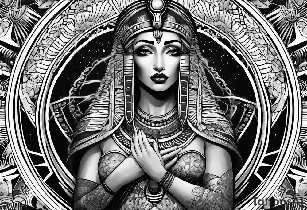 black and white goddess isis tattoo with minimal detail neotraditional tattoo idea