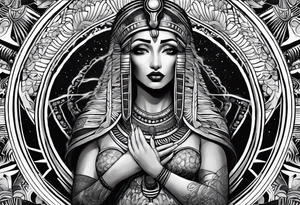 black and white goddess isis tattoo with minimal detail neotraditional tattoo idea
