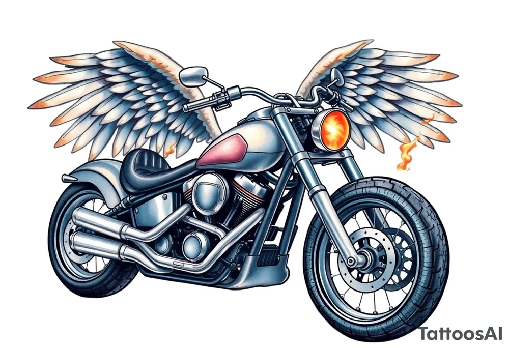 Low rider grey motorcycle, big muffler pipes with flames, angel wings, driving away, no person tattoo idea