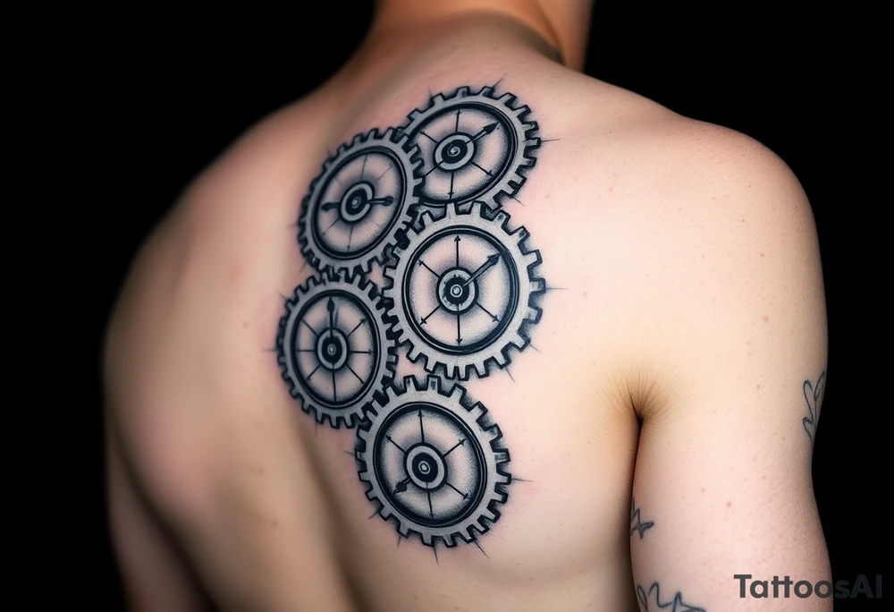 Mechanical round Gears that look like clocks connected to one another on a right arm sleeve tattoo tattoo idea