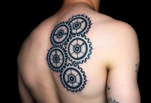 Mechanical round Gears that look like clocks connected to one another on a right arm sleeve tattoo tattoo idea