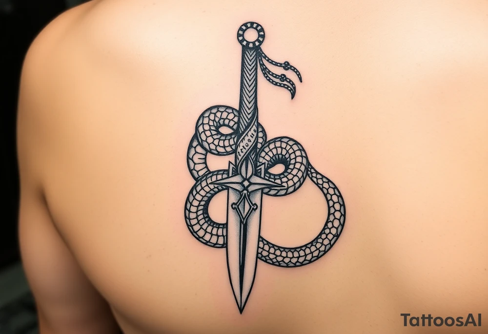 mystical snake coiled around an ancient dagger with jeweled hilt tattoo idea