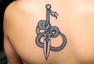 mystical snake coiled around an ancient dagger with jeweled hilt tattoo idea