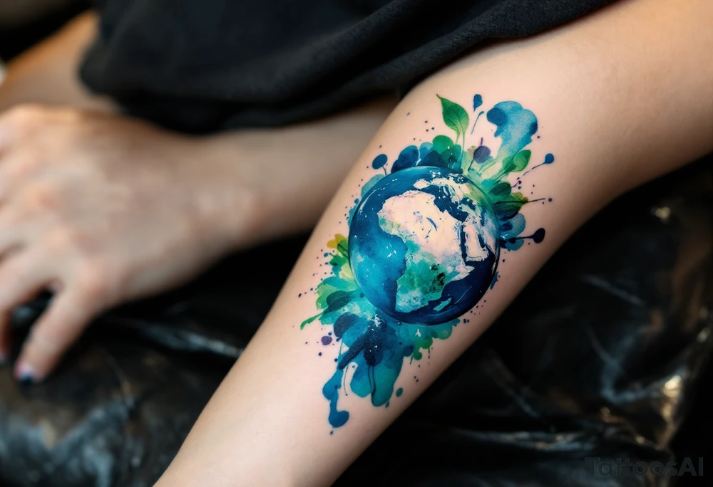 A vibrant watercolor Earth tattoo in shades of blue and green splashes across the forearm like a painter’s globe. tattoo idea
