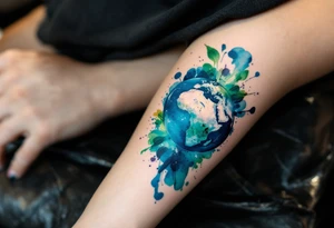 A vibrant watercolor Earth tattoo in shades of blue and green splashes across the forearm like a painter’s globe. tattoo idea