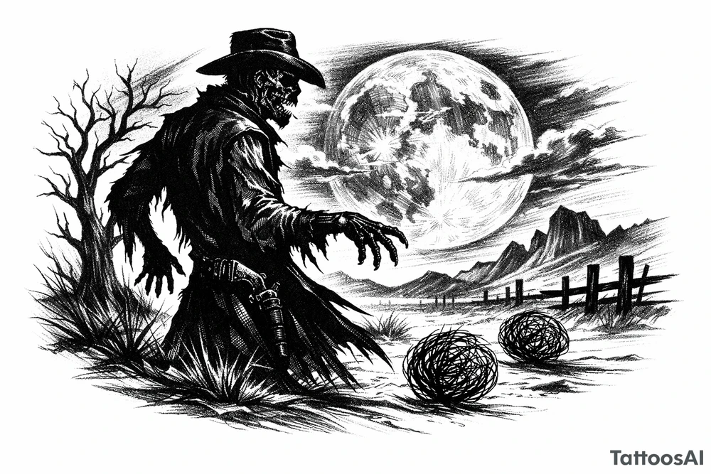 Zombie cowboy silhouette on a moonlit prairie, tumbleweeds rolling. tattoo idea