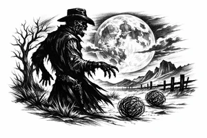 Zombie cowboy silhouette on a moonlit prairie, tumbleweeds rolling. tattoo idea