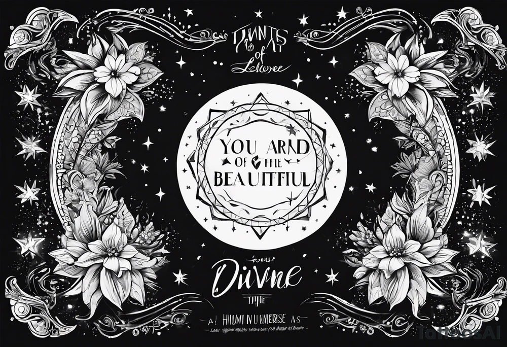 I wants the words, "You are a beloved of the universe. You are
as beautiful as the sunrise and as ancient
as the stars. You are a spark of divine love
in human form. Through you goodness &
light flow into this world. Bless you." tattoo idea