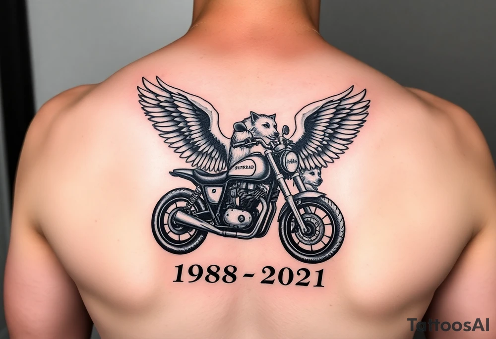 the year 1958 - 2021 with a motorcycle on it with guardian angel wolves tattoo idea