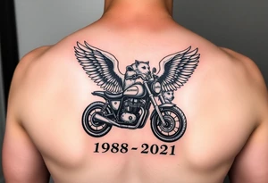 the year 1958 - 2021 with a motorcycle on it with guardian angel wolves tattoo idea