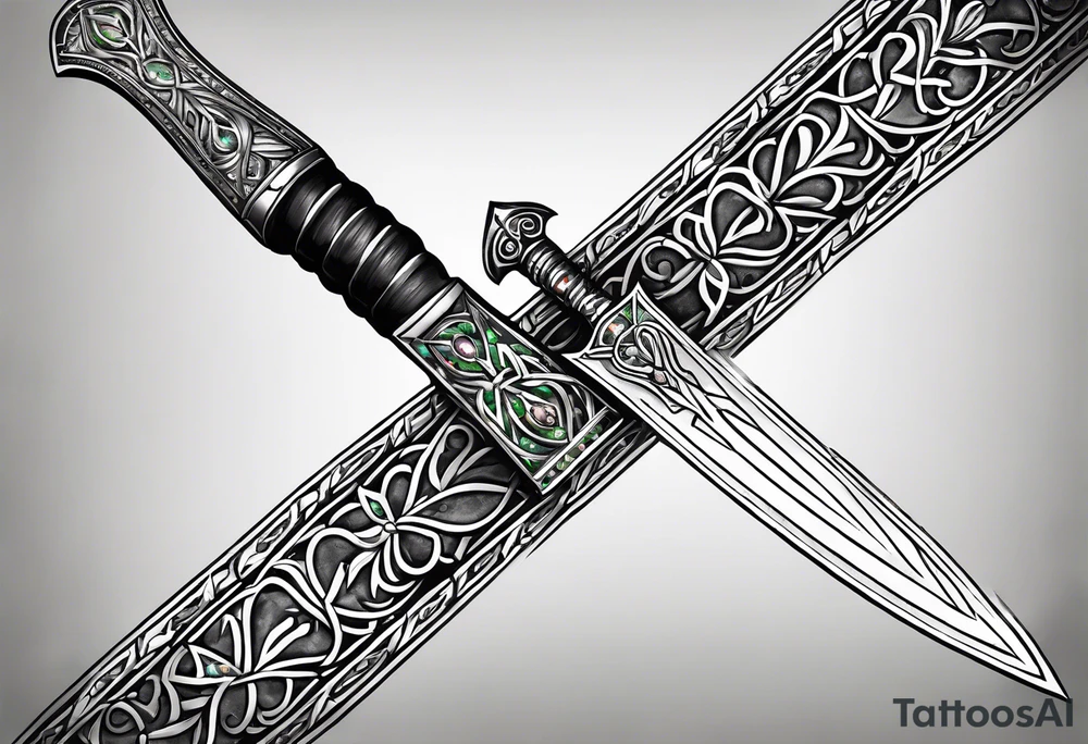 An athame dagger with the hilt turned upward and emerald gemstones tattoo idea