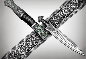 An athame dagger with the hilt turned upward and emerald gemstones tattoo idea