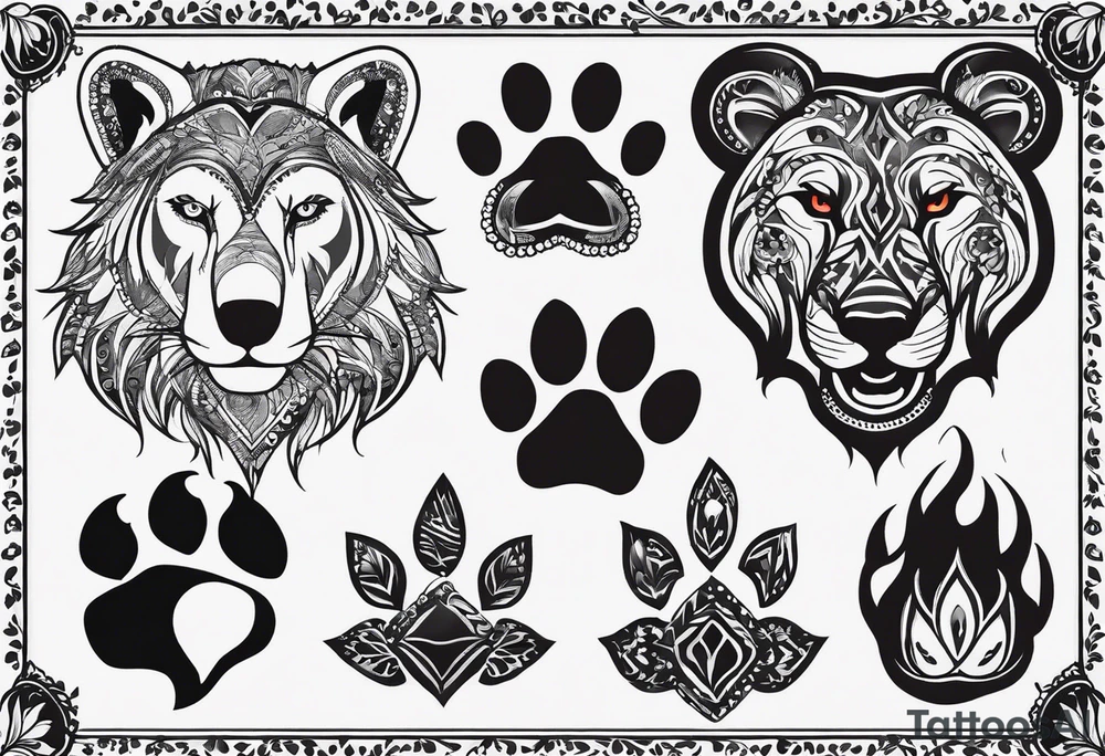 Wolf paw print with an elephant in one toe print, bear in another toe print, raven in another toe print and lion in paw pad tattoo idea