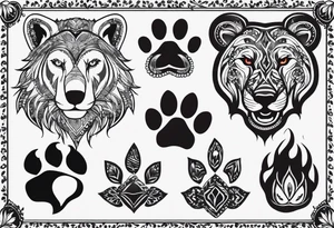 Wolf paw print with an elephant in one toe print, bear in another toe print, raven in another toe print and lion in paw pad tattoo idea