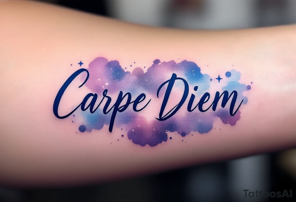 "Carpe Diem" in dark navy ink, placed over a soft watercolor galaxy in shades of purple and blue. tattoo idea