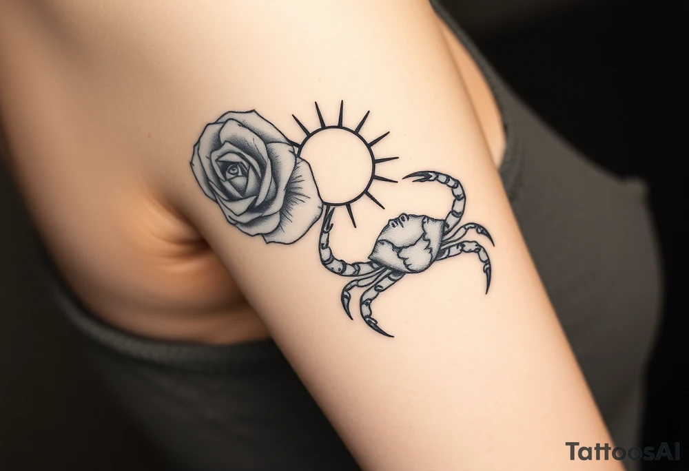 Rose and sun and crab tattoo idea
