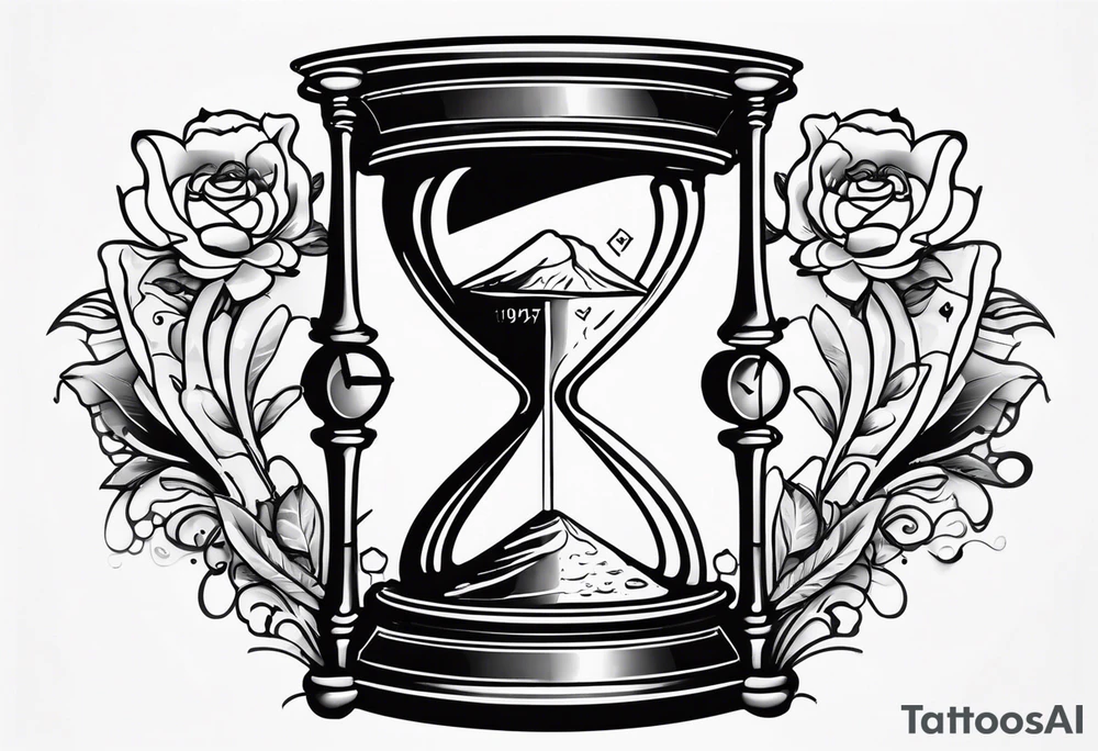 a tattoo mixing a clock integrated with an hourglass an hourglass in black and white where the year 1979 appears. on the amount of the hourglass tattoo idea