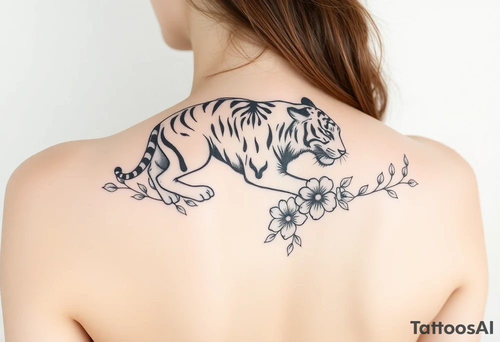 a whole tiger with some flowers around it tattoo idea