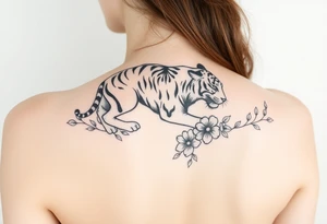 a whole tiger with some flowers around it tattoo idea