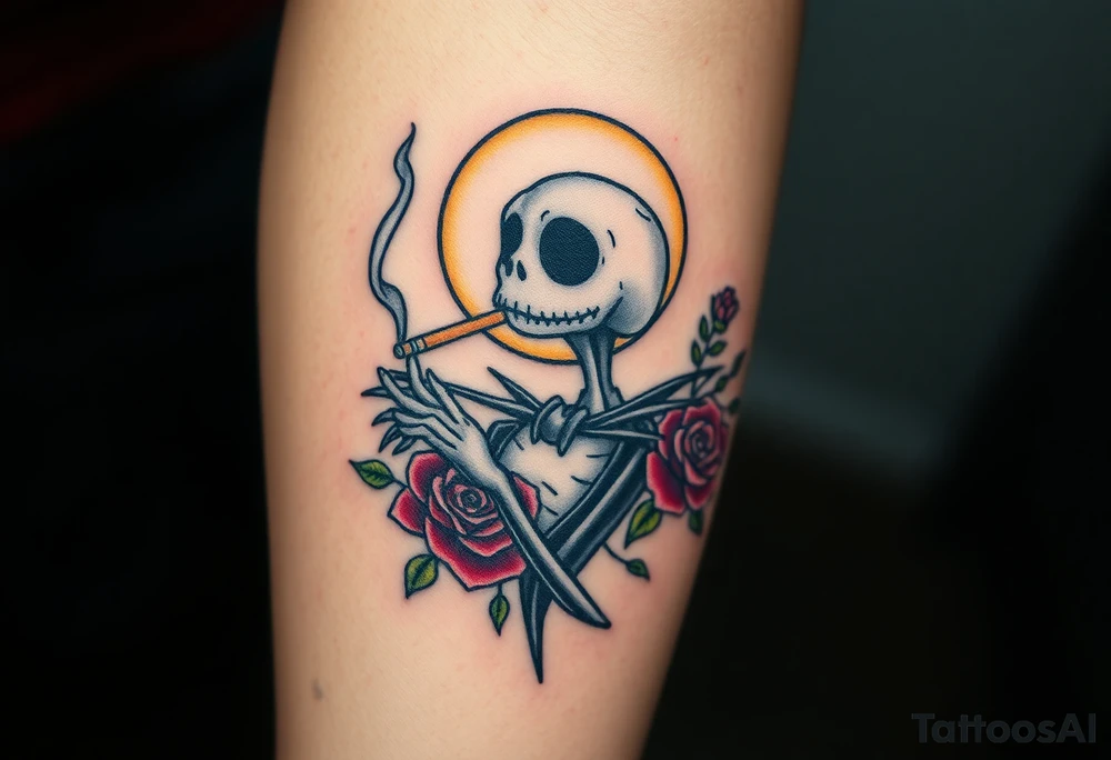 jack skellington smoking a blunt, with a halo over head, roses, jackolanters tattoo idea