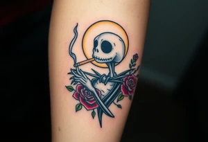 jack skellington smoking a blunt, with a halo over head, roses, jackolanters tattoo idea