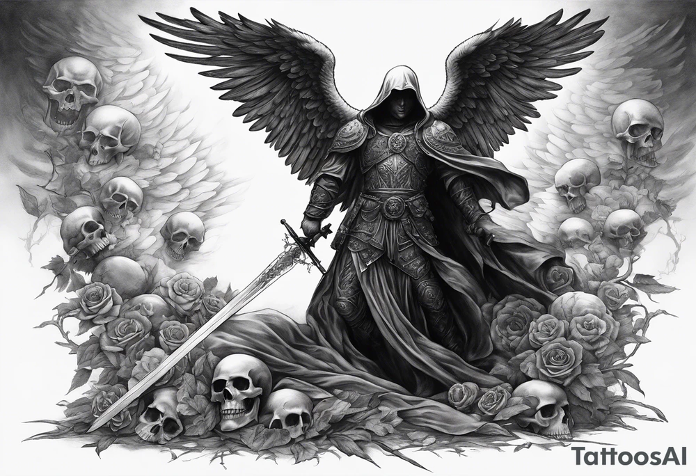 realistic angel of death, man, full body, no face visible, holding one sword, sword pointing downwards, skulls lying on the ground tattoo idea