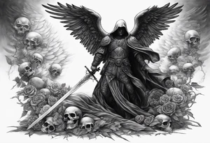 realistic angel of death, man, full body, no face visible, holding one sword, sword pointing downwards, skulls lying on the ground tattoo idea